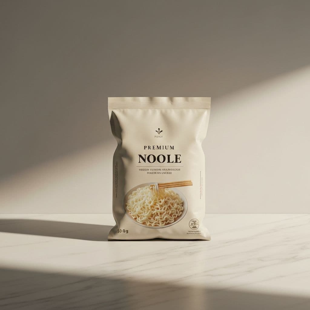 Kemasan BakmiKu siap saji berisi bakmi, bumbu, daging, dan sambal beku